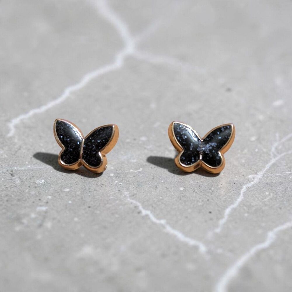 Black Glitter Butterfly Stud Earrings Gold Tone Dainty Cute Y2K Inspired Jewelry